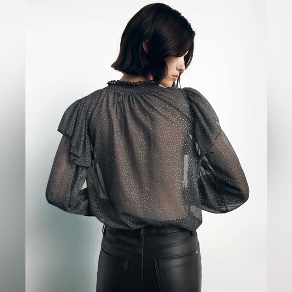 ZARA SPARKLY SEMI-SHEER METALLIC DOT BLOUSE - Picture 4 of 8